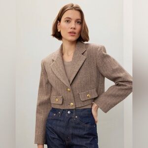 Sandro Lonny Cropped Blazer Jacket FR 42 US 10 Brown Beige Tweed Gold Buttons